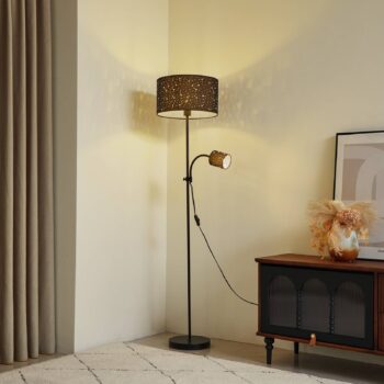 Stojacia lampa Lindby Melanie, čierna, látka, Ø 36 cm, 2 svetlá.