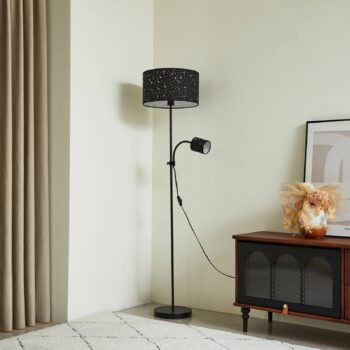 Stojacia lampa Lindby Melanie, čierna, látka, Ø 36 cm, 2 svetlá.