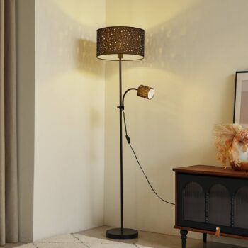 Stojacia lampa Lindby Melanie, čierna, látka, Ø 36 cm, 2 svetlá.