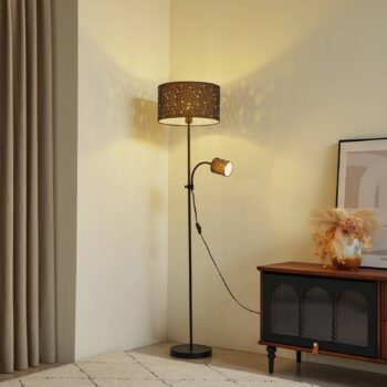 Stojacia lampa Lindby Melanie, sivá, látka, Ø 36 cm, 2 svetlá.