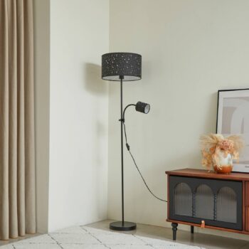 Stojacia lampa Lindby Melanie, sivá, látka, Ø 36 cm, 2 svetlá.