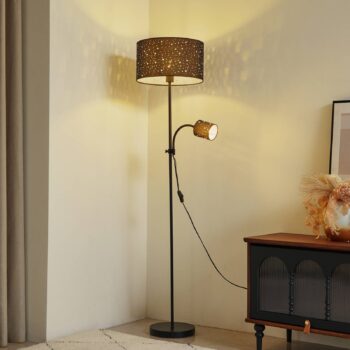 Stojacia lampa Lindby Melanie, sivá, látka, Ø 36 cm, 2 svetlá.