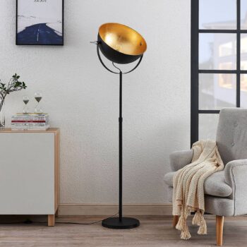 Stojacia lampa Lindby Muriel, 1 svetlo, čierna/zlatá, kov