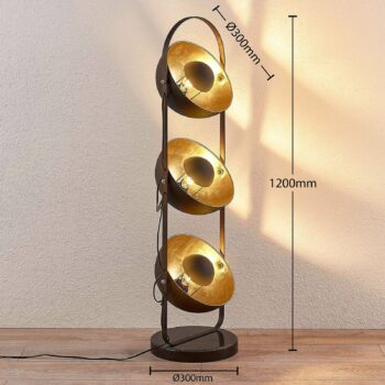 Stojacia lampa Lindby Muriel, 3 svetlá, čierna/zlatá, kov