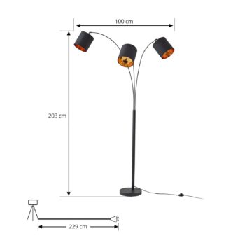 Stojacia lampa Lindby Nanika, čierna/zlatá, 202 cm, E27, 3 svetlá.