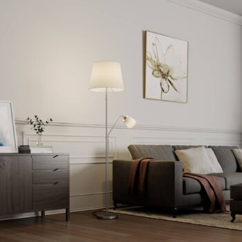 Stojacia lampa Lindby Nantwin, 175 cm, biela, nikel, textil