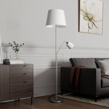 Stojacia lampa Lindby Nantwin, 175 cm, biela, nikel, textil