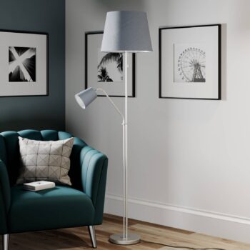 Stojacia lampa Lindby Nantwin, 175 cm, sivá, nikel, textil