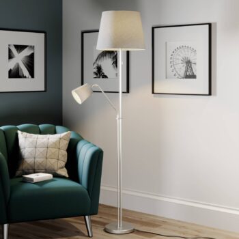 Stojacia lampa Lindby Nantwin, 175 cm, sivá, nikel, textil