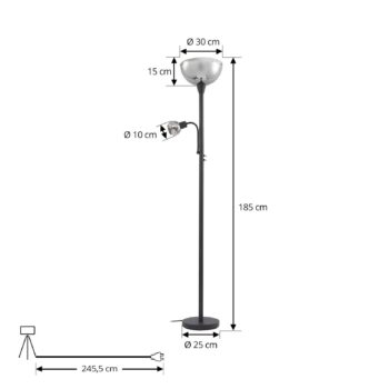 Stojacia lampa Lindby Nehemia, čierna, sklo, svetlo na čítanie, 185 cm