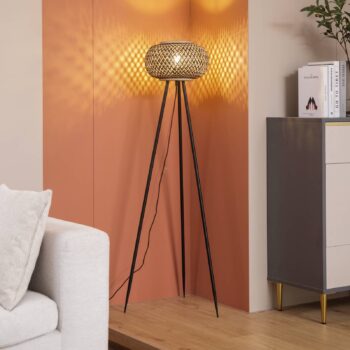 Stojacia lampa Lindby Nerys, čierna, bambus, Ø 31,5 cm, trojnožka