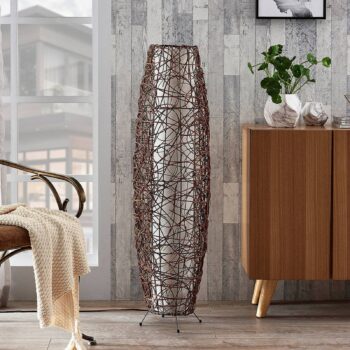 Stojacia lampa Lindby Nias, výška 111 cm, ratan, textil
