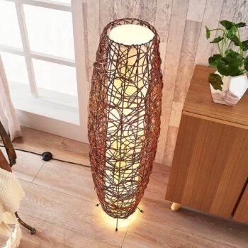 Stojacia lampa Lindby Nias, výška 111 cm, ratan, textil