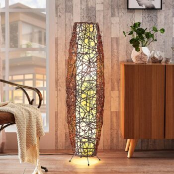 Stojacia lampa Lindby Nias, výška 111 cm, ratan, textil