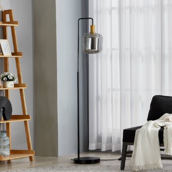 Stojacia lampa Lindby Nimbora, 150 cm, čierna, sklo, kov