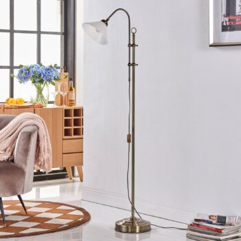 Stojacia lampa Lindby Otis, starožitná mosadz, sklo, 170 cm, E27