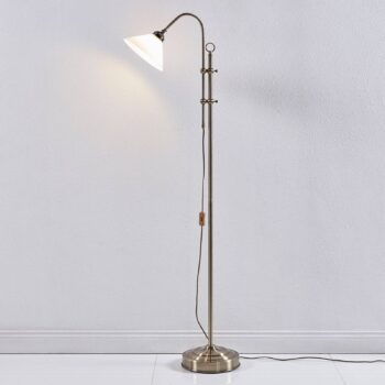 Stojacia lampa Lindby Otis, starožitná mosadz, sklo, 170 cm, E27