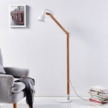 Stojacia lampa Lindby Shivanja, drevo, nastaviteľná, 146 cm, E27