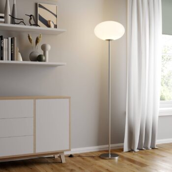 Stojacia lampa Lindby Sonika, 175 cm, farba niklu, sklo, E27