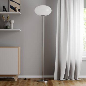 Stojacia lampa Lindby Sonika, 175 cm, farba niklu, sklo, E27