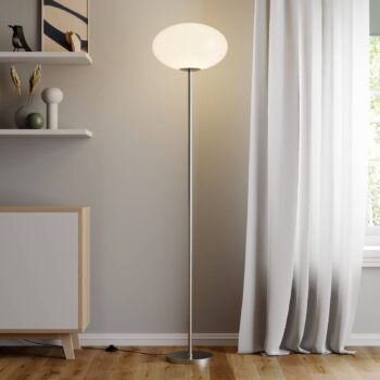 Stojacia lampa Lindby Sonika, 175 cm, farba niklu, sklo, E27