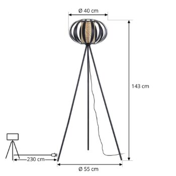 Stojacia lampa Lindby Tamira, čierna, ratan, výška 143 cm, E27