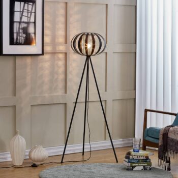 Stojacia lampa Lindby Tamira, čierna, ratan, výška 143 cm, E27