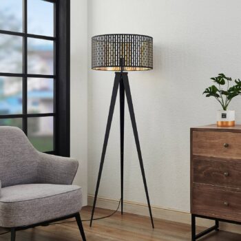 Stojacia lampa Lindby Thoralf, trojnožka, čierna, textil, Ø50cm