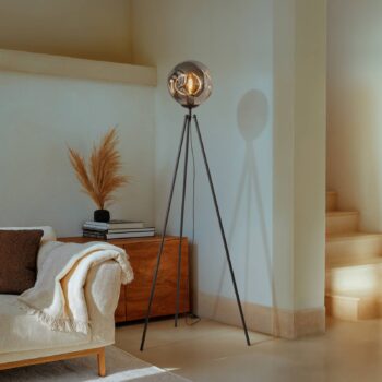 Stojacia lampa Lindby Valentina, E27, dymovo sivá, sklo, 150 cm