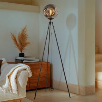 Stojacia lampa Lindby Valentina, E27, dymovo sivá, sklo, 150 cm