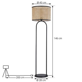 Stojacia lampa Lindby Yaelle, výška 146 cm, ratan, čierna, E27