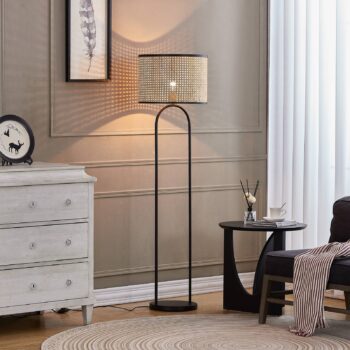 Stojacia lampa Lindby Yaelle, výška 146 cm, ratan, čierna, E27