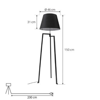 Stojacia lampa Lucande Amona, čierna, textil, 150 cm, trojnožka