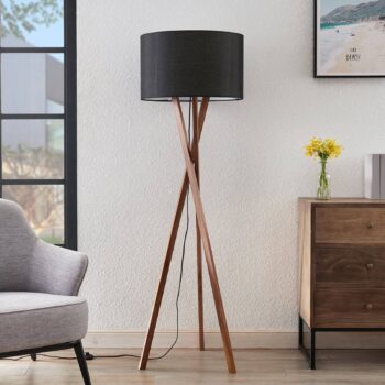 Stojacia lampa Lucande Auriane, trojnožka, čierna, látka, 160 cm