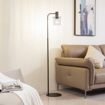 Stojacia lampa Lucande Eirian, čierna, sklo, výška 150 cm, E27