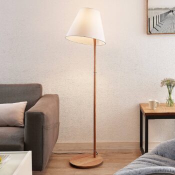 Stojacia lampa Lucande Jinda, biela, drevo, látka, 160 cm, E27