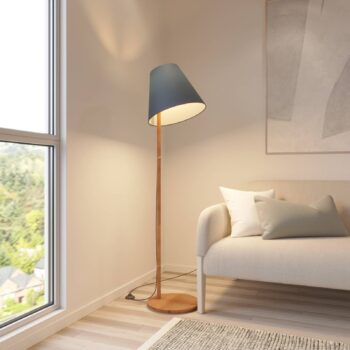 Stojacia lampa Lucande Jinda, modrá, drevo, látka, 160 cm, E27