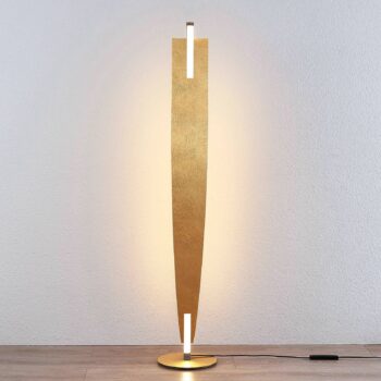 Stojacia lampa Lucande LED Marija, zlatá farba, stmievateľná, 140 cm