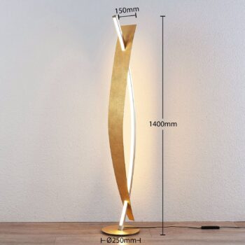 Stojacia lampa Lucande LED Marija, zlatá farba, stmievateľná, 140 cm