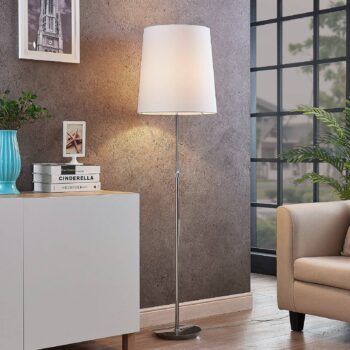 Stojacia lampa Lucande Pordis, 155 cm, chróm, biela, kov, textil