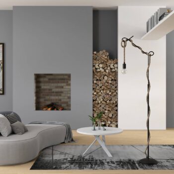 Stojacia lampa Lucande Ropina, výška 180 cm, čierna, konopné lano