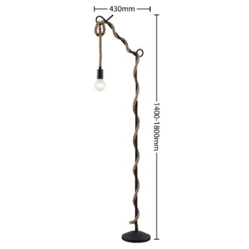 Stojacia lampa Lucande Ropina, výška 180 cm, čierna, konopné lano