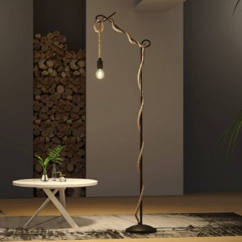 Stojacia lampa Lucande Ropina, výška 180 cm, čierna, konopné lano