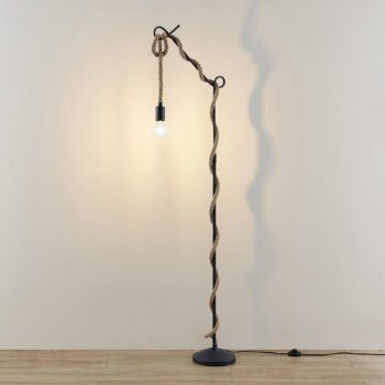 Stojacia lampa Lucande Ropina, výška 180 cm, čierna, konopné lano