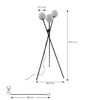 Stojacia lampa Lucande Visata, čierna, sklo, 3 svetlá, trojnožka