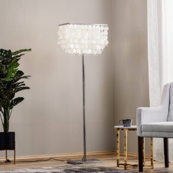 Stojacia lampa Makani, chróm, s dekorom mušlí