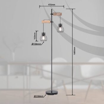 Stojacia lampa Mina, čierna/hnedá, výška 168 cm, kov/drevo