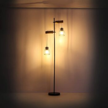 Stojacia lampa Mina, čierna/hnedá, výška 168 cm, kov/drevo