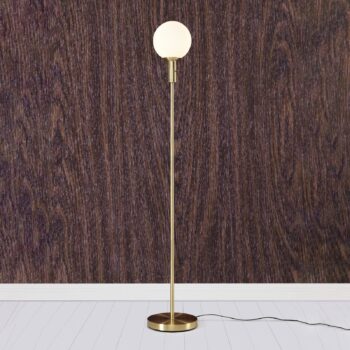 Stojacia lampa Minna, mosadzná farba, sklo, železo, výška 145 cm