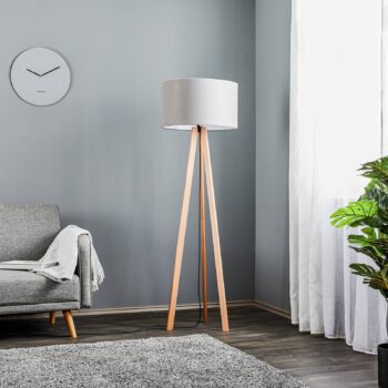 Stojacia lampa Quitani Arim, buk, sivá plsť, trojnožka